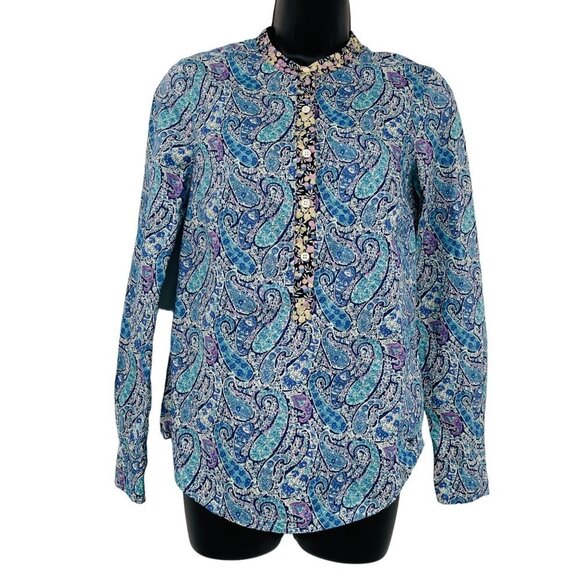 J. Crew Liberty Of London Paisley Pop Over Top Womens Size 00 Blue Preppy Cotton - Picture 1 of 8